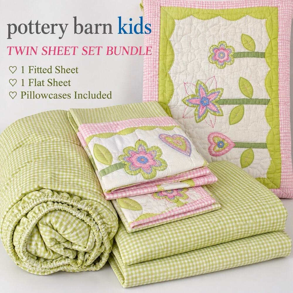 Pottery Barn Kids Twin Sheet Set Bundle Green Gingham Fitted sheet Pillowcases